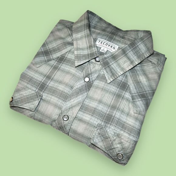 Tecovas L Sawtooth Plaid Western Pearl Snap Shirt Grey Green Cowboy - Picture 8 of 8